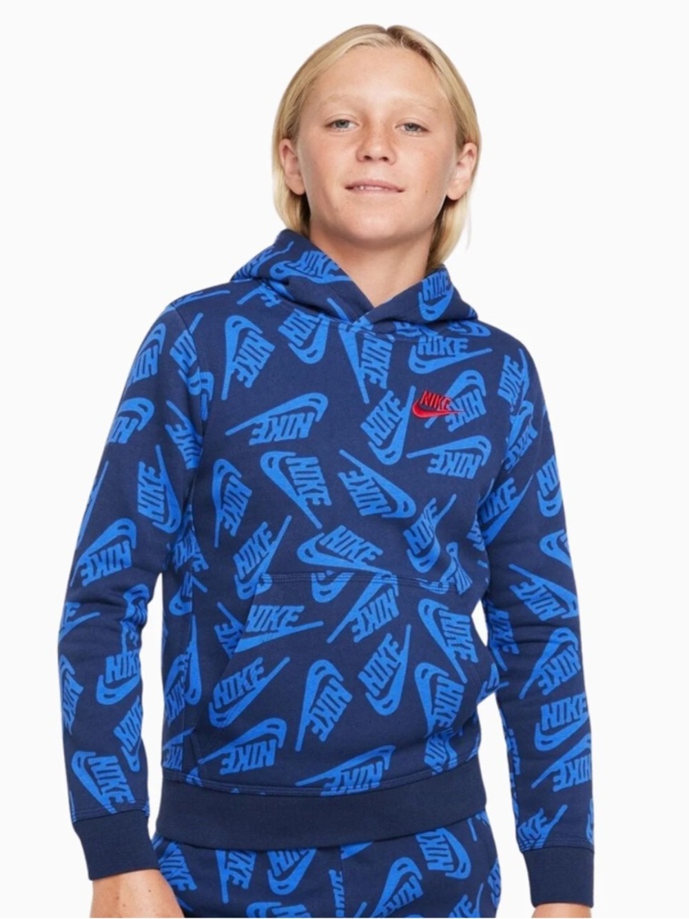 Nike Sportswear Blue Allover Logo Hoodie Youth Boy’s Size Small